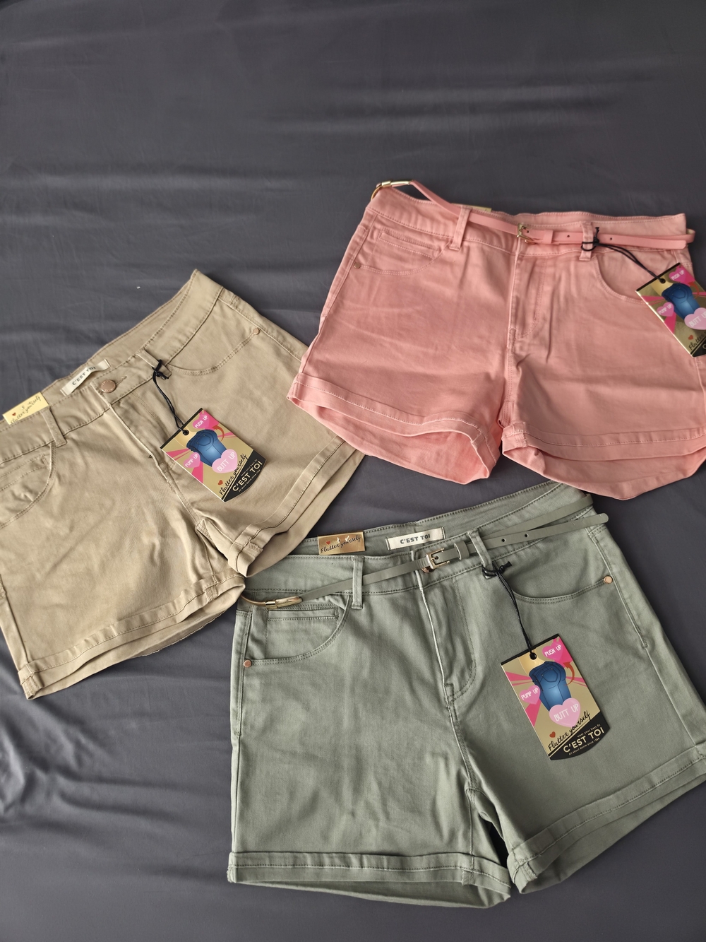 NWT C'Est Toi Butt Lifting Shorts Set Pack of 3 Pink Green Beige Stretch M-L